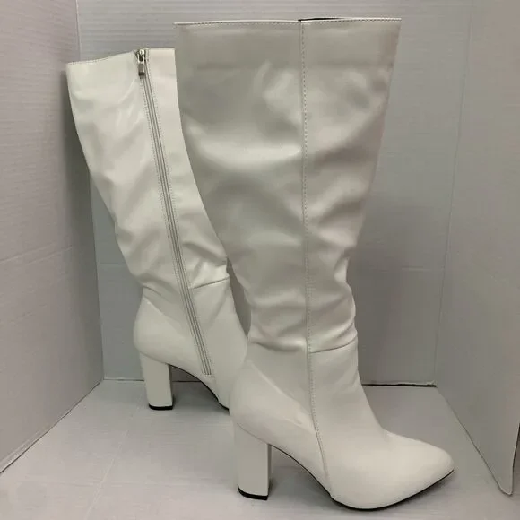 Womens Pointed Toe Zip Up Formal Chunky High Heel Knee High Boots - Picture 3 of 8